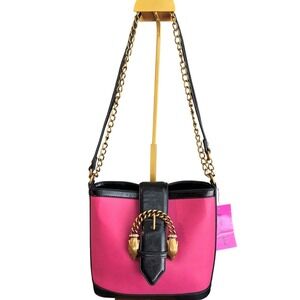 NWT Betsey Johnson Hot Pink & Black w/Gold Chain Panther Buckle Bucket Bag